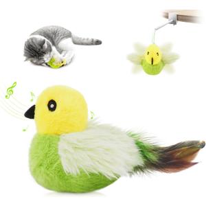 Migipaws Cat Toys,Interactive Lifelike Amakihi Flying Flapping Bird with Catnip, Feathers Hanging by Elastic String, Automatic Chirping Kitten Toys for Indoor Cats Self Play, Rechargeable(Green)