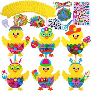 Winlyn 24 Sets Easter Decorations DIY 3D Chick Hatching from Egg Ornaments Easter Craft Kits Foam Easter Stickers Pom-poms Googly Eyes for Kids Party Favors Spring Classroom Activity Art Project