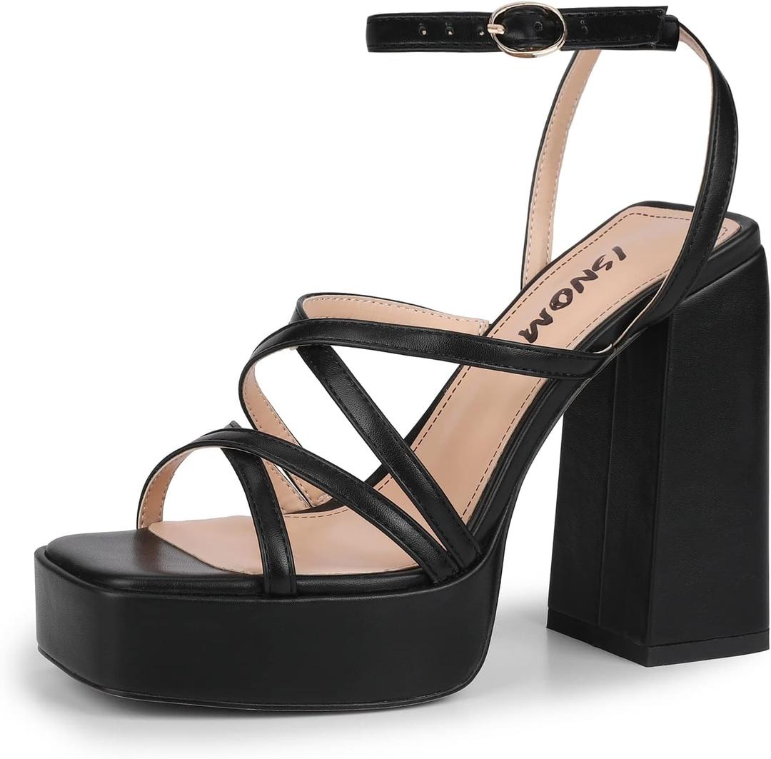 ISNOM Platform Chunky Heels for Women, Block Heel Sandals with Open Square Toe and Ankle Strap (7, Black)