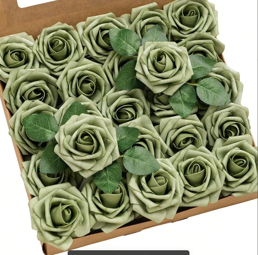 Ling's moment Artificial Flowers 50Pcs Elf Green Roses Decor w/Stems,3" Real Touch DIY Foam Floral for Wedding Bouquet/Centerpieces, Outdoors Party Backdrop, Room/Table, and Garden/Pot Decorations