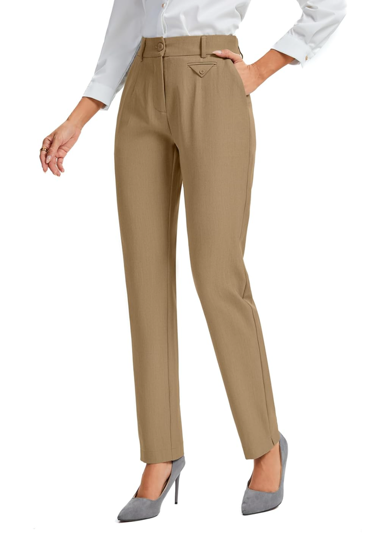FUNYYZO Women's Stretch Business Work Pants with Pockets Wear to Work Casual Suitpants Long Straight Trousers M