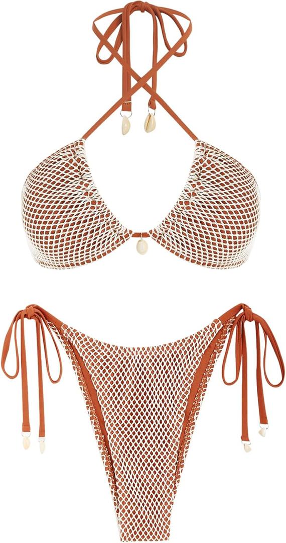 ZAFUL Women's Bikini Set Fishnet Triangle Tie Convertible Collar Halter Bandeau Shell Two Piece Bathing Suit (Large, Brown)
