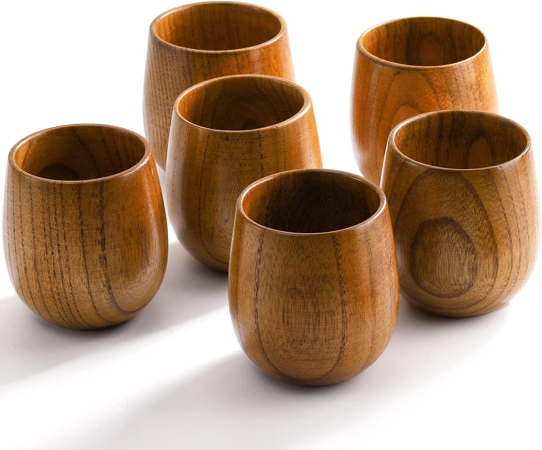 Hiceeden Only 6 Pack Wooden Tea Cups, 5 Oz Japanese Tea Cups Handmade Natural Wood Water Cup for Drinking, Wine, Milk, Coffee, 150ML