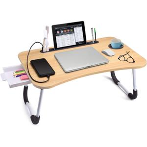 Slendor Lap Desk with Tablet Slot, Foldable Laptop Table with Storage Drawer for BedPortable Bed Desk for Laptop, Computer Tray with Cup Holder Notebook Stand Reading Holder for Couch Floor, Walnut