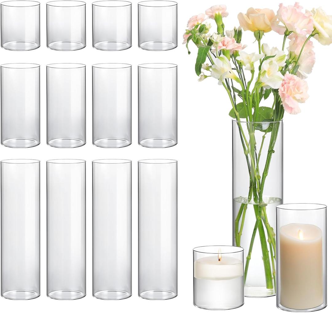 ComSaf Glass Cylinder Vases Pack of 14, Clear Bud Vases for Centerpieces Wedding Decoration, 4 inch 7.5 Inch 12 Inch Tall Clear Flower Vases, Hurricane Candle Holder for Party Home Decor