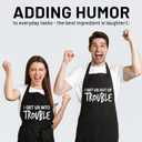 Funny Couple Aprons - Gift Ideas For Her Him - Wedding, Engagement, Bridal, Birthday; Kitchen Cooking Set (I Get Us Into Trouble (Black/Black))