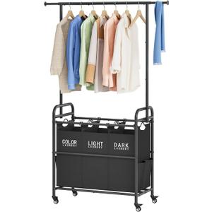 Tajsoon Laundry Sorter Cart with Hanging Rack, Laundry Sorter 3 Section, Laundry Hamper with Heavy Duty Rolling Lockable Wheels, Black