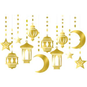 Gold Ramadan Star-Moon Party-Decorations Garland - 12pcs Twinkle Little Star Hanging Decoration Streamers Swirl Lantern, Eid Mubarak Birthday Wedding Party Banner Decor