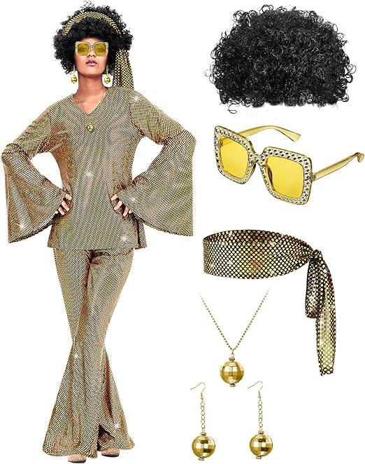 Jexine 70s Women Disco Outfit Costume Disco Party Top Pants Sunglasses Ball Necklace Earring Wig for Halloween New Year Eve, XL