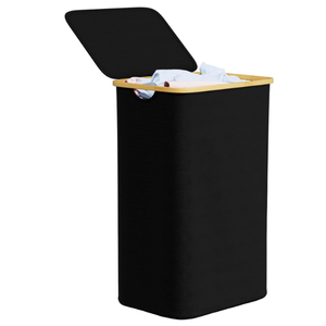 Laundry Hamper with Lid, 110L Large Tall Clothes Basket Bin with Bamboo Handles, Collapsible Laundry Hamper for Bedroom, Bathroom, Dorm, Laundry Room - Black
