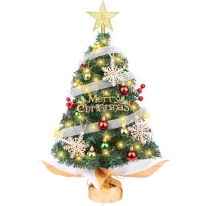 Small Christmas Tree with Lights, 2ft/24 inch Artificial Mini Table Top Christmas Tree Decorations with Star Tree Topper, Hanging Balls and Ornaments, Gift Pack, 25 Pcs Little DIY Xmas Tree