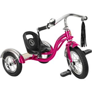 Schwinn Roadster Bike for Toddler, Kids Classic Tricycle, Low Positioned Steel Trike Frame w/ Bell & Handlebar Tassels, Rear Deck Made of Genuine Wood, Boys and Girls Ages 2-4 Year Old, Bright Pink