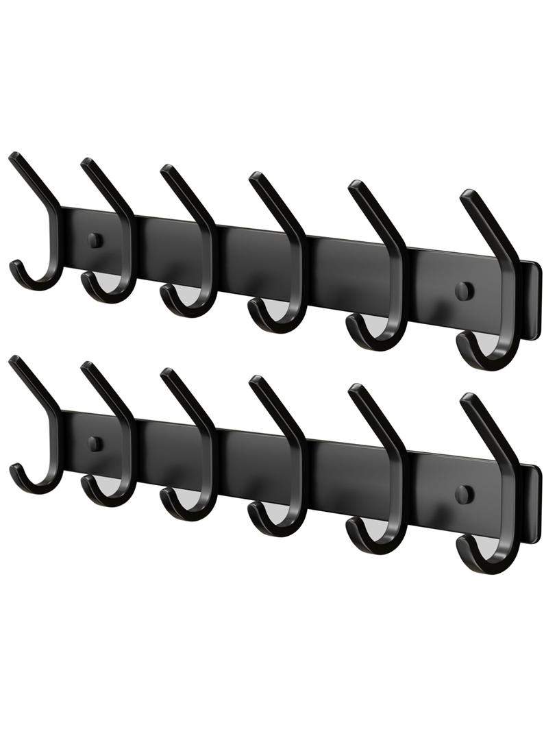 Coat Rack Wall Mount Hooks - 15 Inch Matte Black Metal 6-Hook Organizer Wall Mounted, Modern Kids Room, Entryway & Bathroom Hanger for Beach Towels, Coats, Purses, Bags (2 Pack)