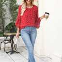 CiCiBird Women Chiffon Floral Blouse 3/4 Ruffle Sleeve Crew Neck Pleated Front Tops Dressy Casual Shirts (Red, M)