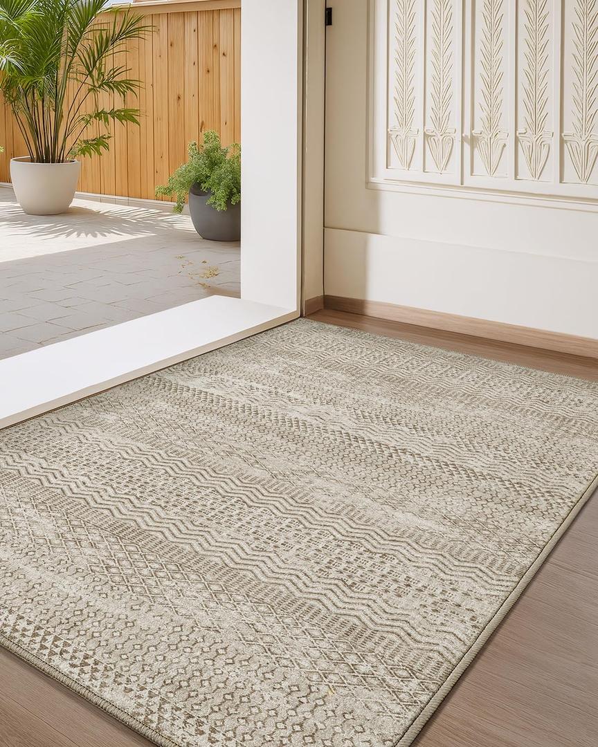 Color&Geometry Thin Indoor Door Mat with Non Slip TPE Backing, 32"x48", Low Profile Front Door Mat, Washable Entry Rugs Mats for Inside Entryway, Hallway, Easy to Clean, Oatmeal Stitch (Geometric-beige and Camel)