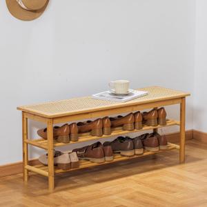 latifolia Shoe Rack Bench, 3-Tier Bamboo Shoe Bench with Breathable Rattan Seat Cushion, Shoe Storage Rack for Entryway(Nautre,39.70''L), 39.37''L