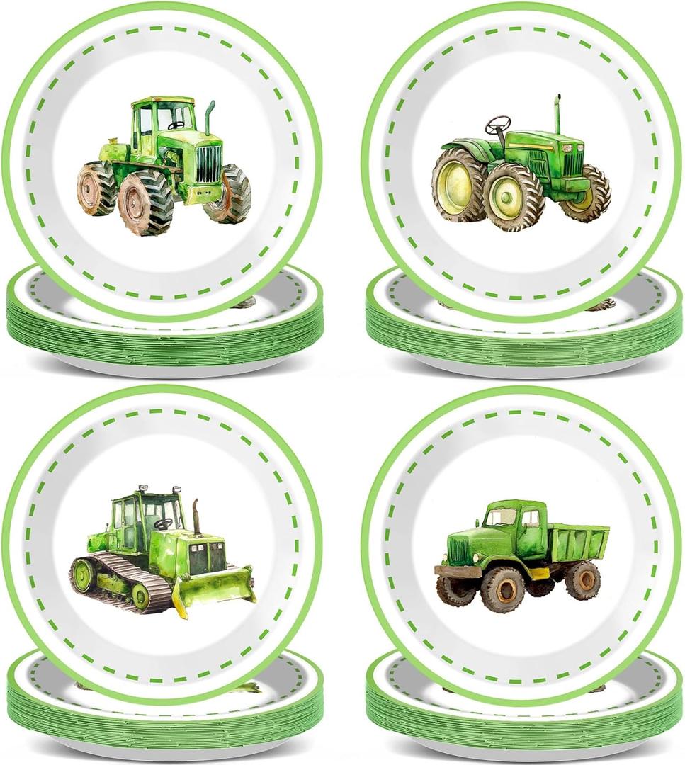 48 Pcs Tractors Birthday Party Decorations Green Tractor Plates 4 Styles Paper Plate Green Tractor Tableware Set Tractors Party Disposable Plates for Holiday Birthday Baby Shower Decors Supplies