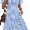 LILLUSORY Women's Striped Button Down Shirt Dress 2026 Spring Summer Short Sleeve Casual Midi Dress Beach Vacation Outfits L