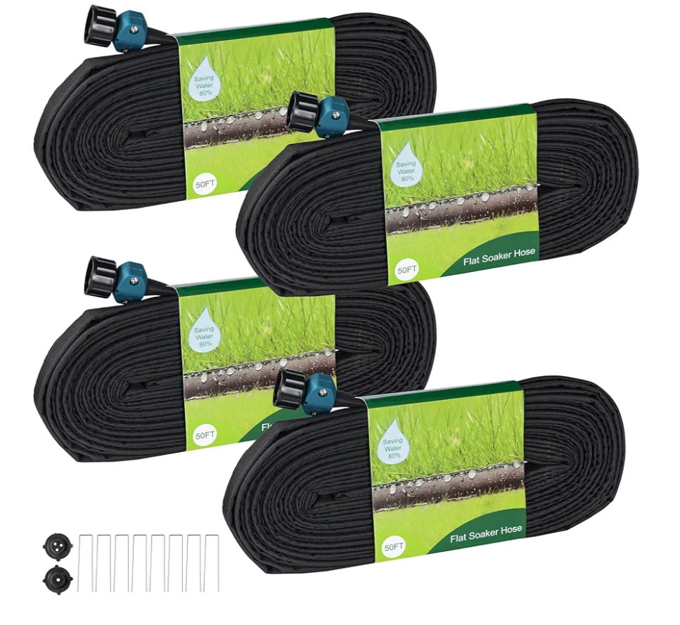 Hourleey Flat Soaker Hose 200 FT for Garden, 200' (50FT x 4) Linkable Consistent Drip Irrigation Hose, Leak-free Dual-layer Design Saving 80% Water Garden System Water Hose with Holes