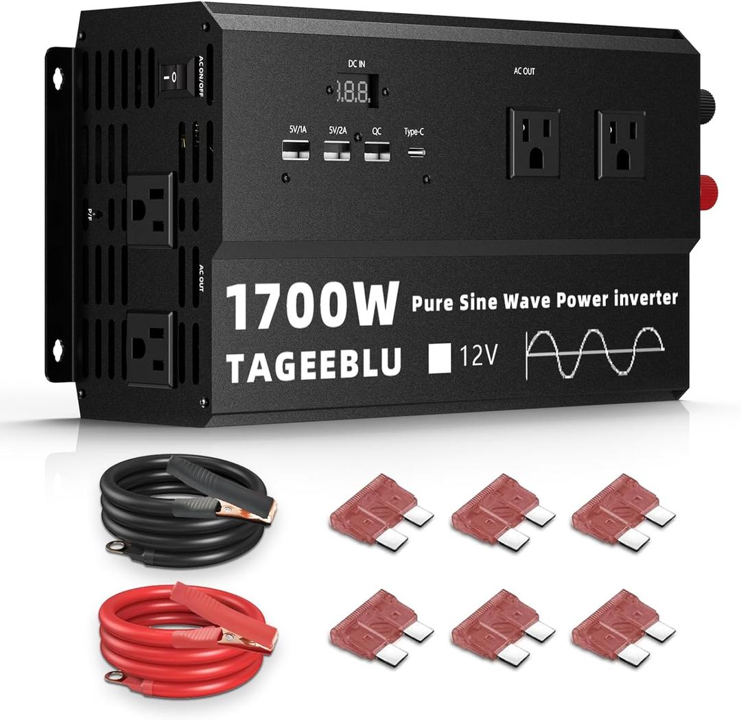 1700 Watt Pure Sine Wave Inverter - 3400W Surge, 12V DC to 110V/120V AC Converter Power Inverter for RV, Truck, Home, Solar, Camping, CPAP with 4 AC Outlet & 4 USB (18W QC & PD), LCD Display