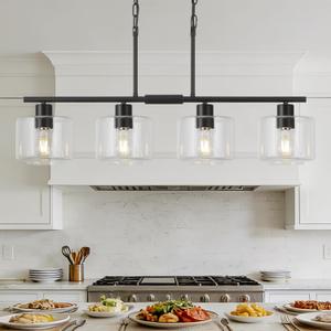 4-Light Kitchen Island Lighting, Modern Black Linear Dining Room Chandelier Light Fixtures with Clear Glass and Chain, Farmhouse Hanging Lights for Kitchen Island Dining Room, OS-YQ8153-4ISBKC