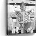 Dinosaur Canvas Wall Art - Farmhouse Bathroom Picture - Sitting in Toilet Reading Newspaper - 12"x16" Framed