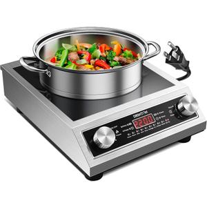 Induction Cooker, 2200W Commercial Induction Cooktop, Large Countertop Burner with 10 Cooking Functions & Dual IGBT for Safe Use, Portable Stainless Steel Hot Plate with 3 Hours Timer, 120V