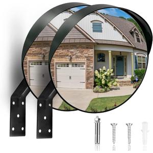 2Pcs 12" Convex Security Corner Mirror (Clear View) - Adjustable Fixing Bracket, Wide Angle, Indoor and Outdoor Use - Ideal for Warehouse, Office, Parking Garage, and Traffic Safety (Black)