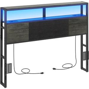 Livofloral Headboard Full Size, Headboards with Charging Station, USB Port and LED Light, Head Board with 2-Tier Storage Shelf, Adjustable Height, Easy Assembly, Sturdy and Stable, Black