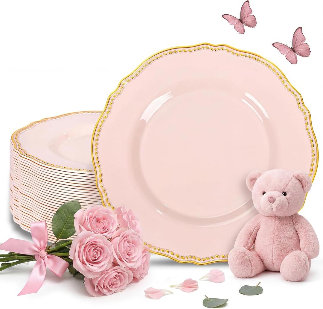 Hioasis 60pcs Pink Plastic Plates - Pink and Gold Disposable Dinnerware with Gold Rim, Heavy-duty, 10 inch, Dinner Plates for Party & Mothers Day