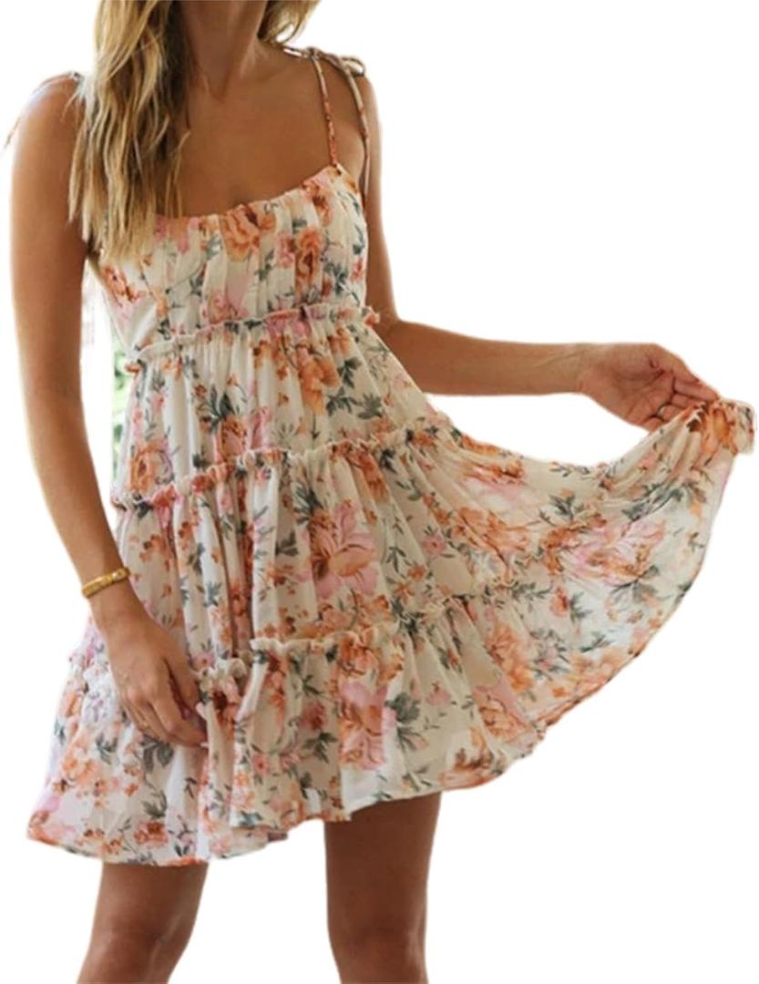 Gihuo Womens Floral Mini Dress Boho Flowy Skater Spaghetti Strap Ruffle Sleeveless Beach Dress 2024 Summer Sundresses (Medium, Orange Flower)