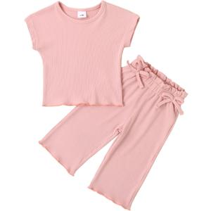 Toddler Baby Girl Summer Clothes Knit Ribbed Short Sleeve T-Shirt Tops + Flowy Wide Leg Pants Two Piece Outfit