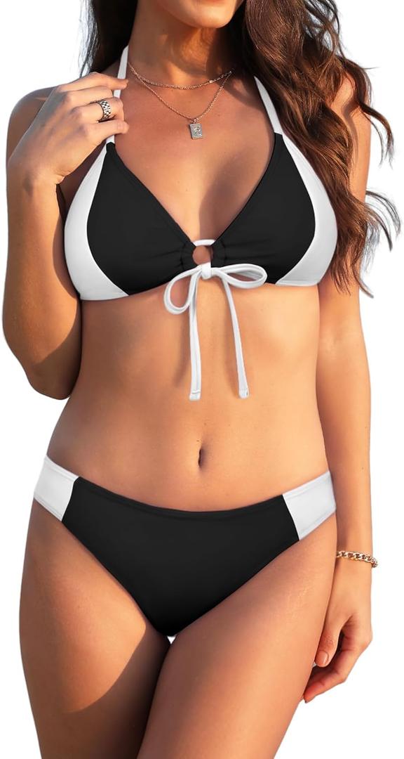 Women Bikini Set Bathing Suit Trendy Two Piece Push Up Color Block Swimsuit Sexy Adjustable Chest Tie Swimwear (Medium, Black)