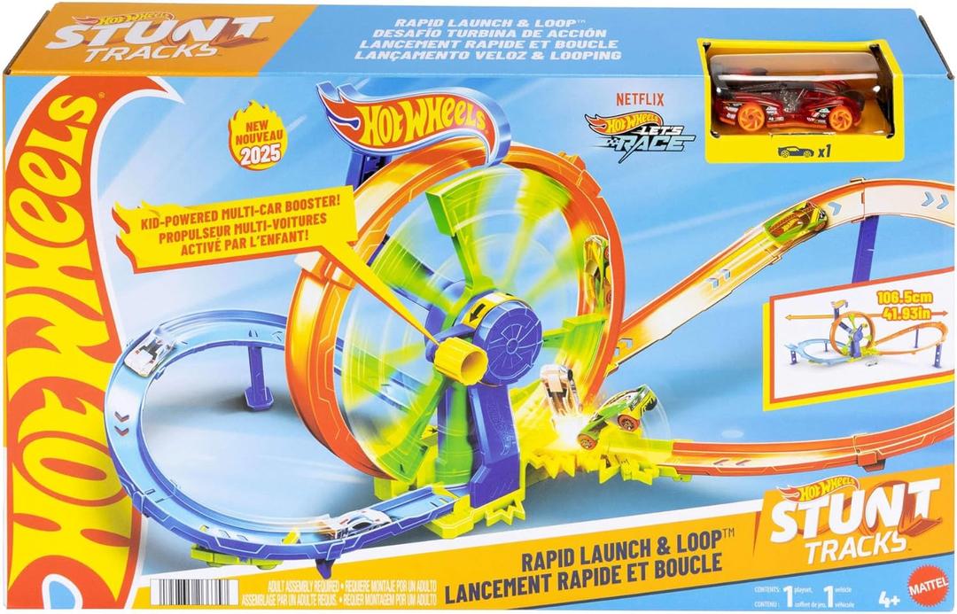Hot Wheels Toy Car Track Set, Launch and Loop Playset & 1:64 Scale Die-Cast Vehicle, Crash Area on Figure 8 Track with Loop-Kicker Booster