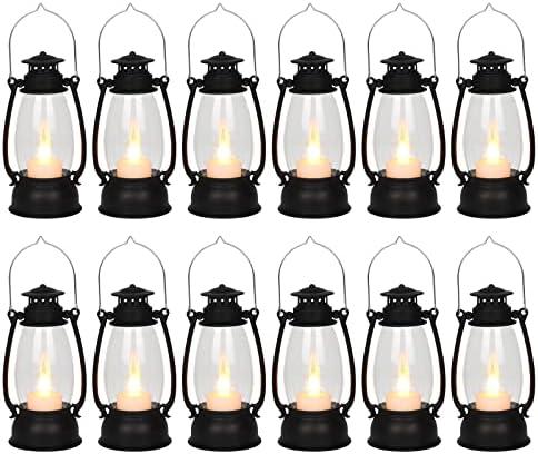 Reperla 11Pcs Mini Lantern for Cowboy Halloween Christmas Wedding, Black 6" Candle Lantern with Flickering LED for Camping Western Party Decorations, Table Centerpiece, Hanging Lamp Ornaments Bulk