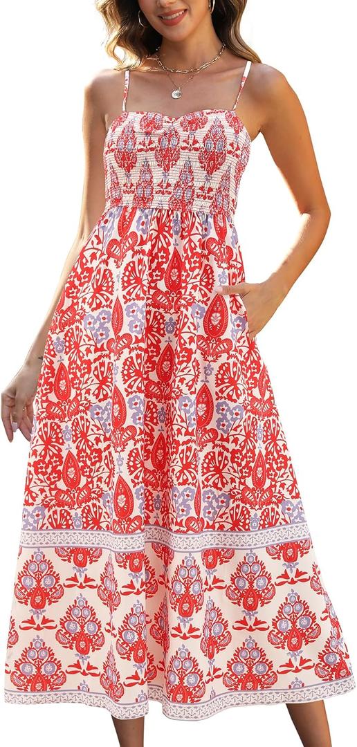 Gardenwed Women's Floral Print Maxi Dress,Spaghetti Strap Smocked Bodice A-Line Sundress with Pockets (M)