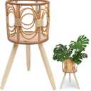 Rattan Plant Stand, Wicker Plants Baskets Indoor, Small, Cute Handmade Woven Wooden Planter with Legs, Boho Style Hollow Flowers Display Rack Straw Standing Floor Stool Shelf for Pot Holder Outdoor Decorations