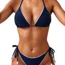 Tainehs Ribbed Two Piece Bikini Sets for Women Sexy Halter Triangle Top Swimsuit String Thong Bathing Suit M