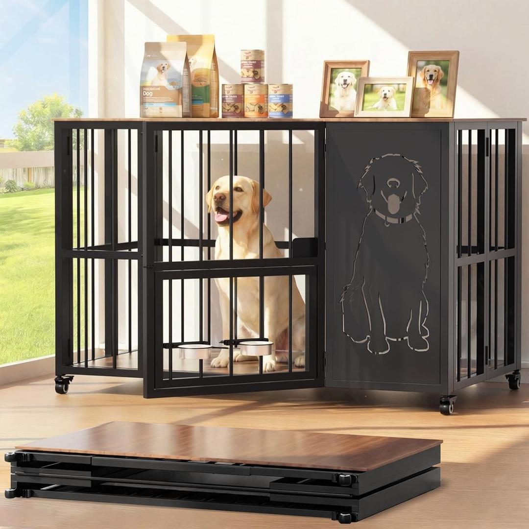 JUNEU 42'' Dog Crate Furniture, No Assembly Dog Kennel Indoor, Collapsible Heavy Duty Dog Crate for Medium/Large Dog(35-60 lb), Wooden Corner Dog Crate with Wheels & Adjustable Bowl Holders