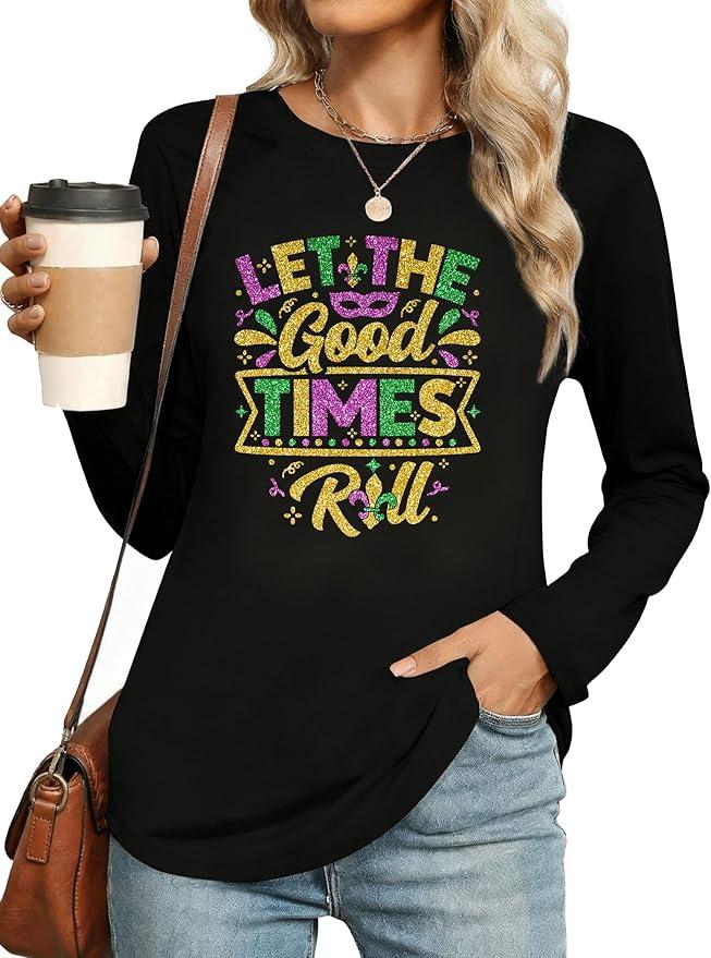 Mardi Shirts for Women: Carnival Glitter Mask Graphic T Shirt Mardi Outfit Fat Tuesday Long Sleeve Tops, L