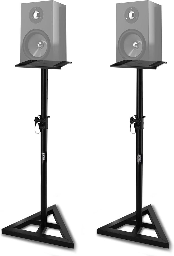 Pyle Speaker Stand Pair of Sound - Play 1 and 3 Holder, Telescoping Height Adjustable from 26 - 52 Inch, High Heavy Duty Three-point Triangle Base w/ Floor Spikes and 9 Square Platform, Black