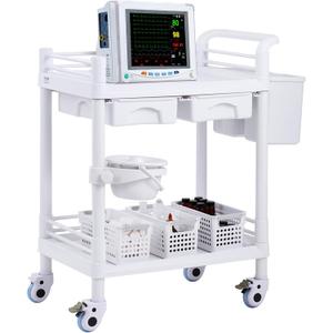 VEVOR Medical Mobile Trolley Cart with 2 Drawers & 3 Trash Cans, 2 Tiers Beauty Salon Rolling Trolley with 4 Silent Wheels & 2 Dirts Bucket & Bowl, Medical Utility Cart for Hospital Dental Clinic Lab