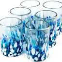 15 oz Hand Blown Mexican Drinking Glasses - Set of 6 tumblers, 15 fl oz each, Blue Confetti