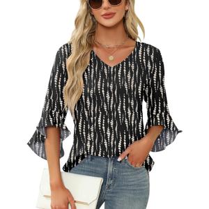 Qirno Chiffon Blouses for Women Ruffle 3/4 Sleeve Dressy V Neck Casual Flowy Tunic Tops (X-Large, Black Apricot Stripes)