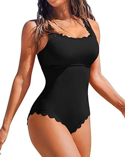 Charmo Womens Scalloped Ribbed One Piece Swimsuits Retro Square Neck Modest Bathing Suits L