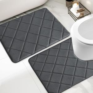 YIHOUSE Memory Foam Bathroom Rugs Set, Ultra Soft Bath Mats for Bath Floor Set of 2, Bathroom Rug with Toilet U Shaped for Bath Room, Shower, Dark Grey