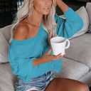 Tobrief Women's V Neck Long Sleeve Waffle Knit Tops Off Shoulder Oversized Pullover Sweater (Blue, M)