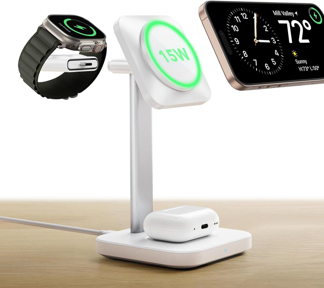 ESR 3 in 1 Wireless Charging Station, [Certified] Apple Watch Charger & 15W MagSafe Charger Stand for iPhone, Wireless Charger for Multiple Devices iPhone 17-12&Watch&AirPods,White