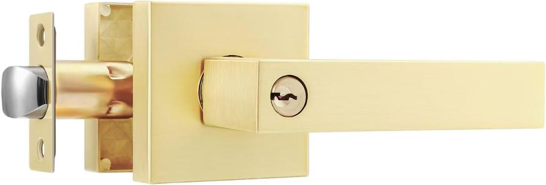 Leydebong 1 Pack Door Knob with Lock and Key, Gold Door Handles, Exterior Door Knob with Keys, Brushed Gold Door Handle Exterior, Zinc Alloy Door Levers for Entry (Satin Brass)