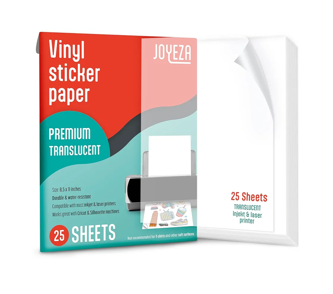 JOYEZA Premium Printable Vinyl Clear Sticker Paper for Inkjet Printer - 25 Sheets Translucent Waterproof, Dries Quickly Vivid Colors, Holds Ink Well - Inkjet & Laser Printer